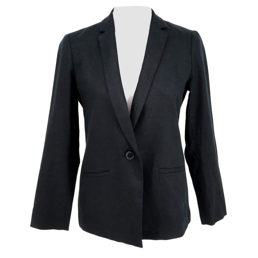 Talbots Jacket Petites 4P Black Linen Blend Lined Woven Blazer Pockets Career